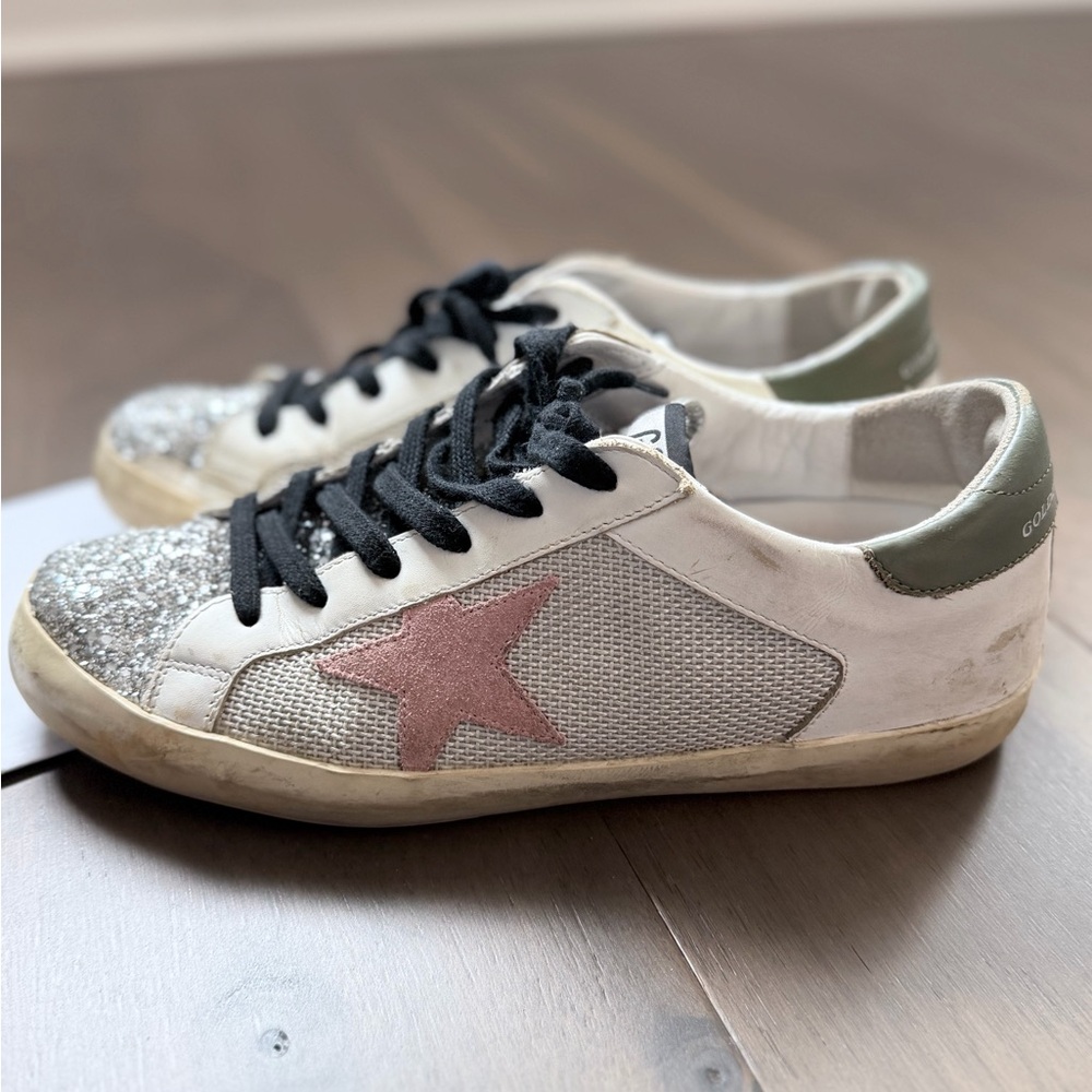 Golden Goose Super Star White Sneakers with Pink Star and Silver Glitter Toe 40